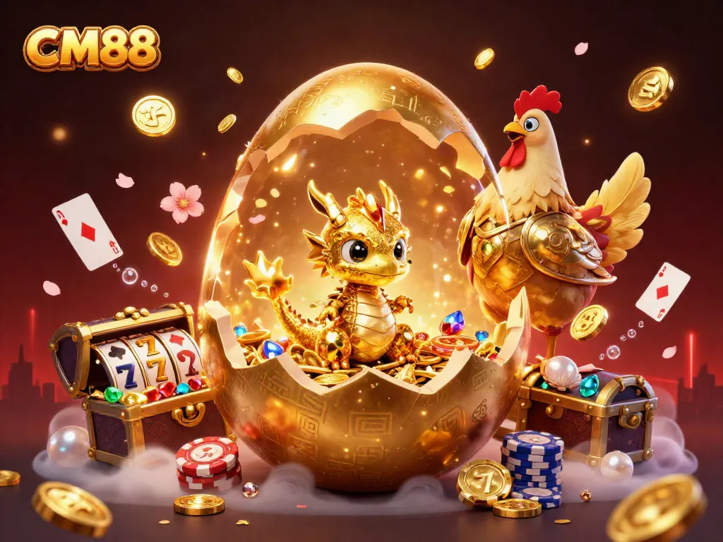 Experience excitement at CM88 with a golden dragon guarding nest of poker chips amidst dynamic casino elements and treasures.