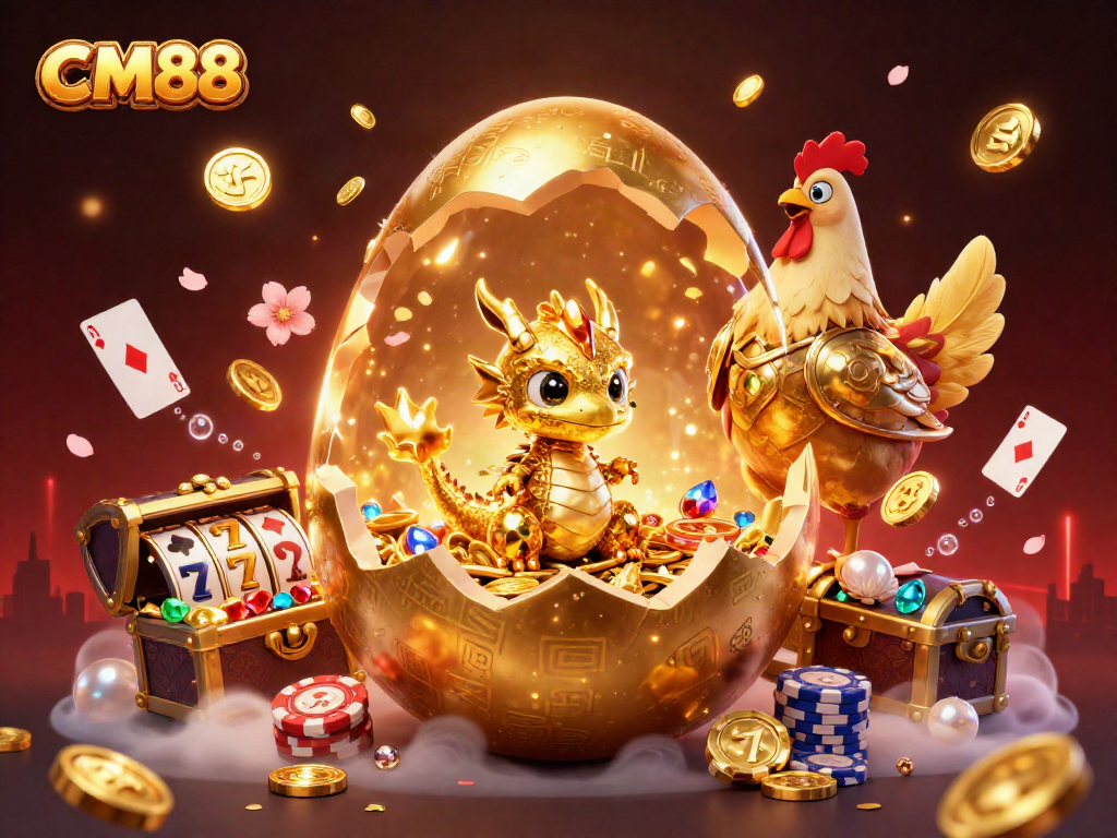 Experience excitement at CM88 with a golden dragon guarding nest of poker chips amidst dynamic casino elements and treasures.