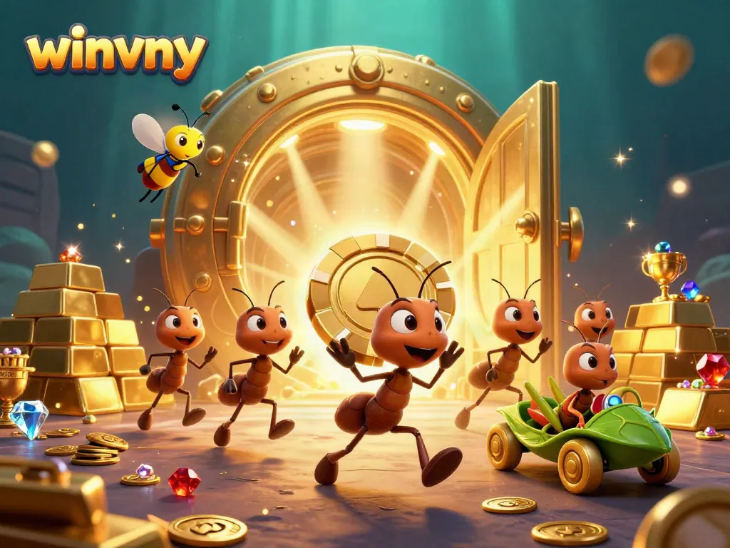 Winvny showcases a dynamic scene with ants carrying a giant poker chip amidst treasures in an underwater tunnel.