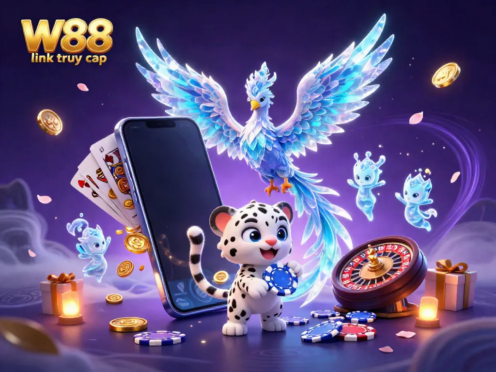 Engage with W88 link truy cập in this vibrant 3D illustration showcasing a spectacular casino scene filled with dynamic gaming elements.