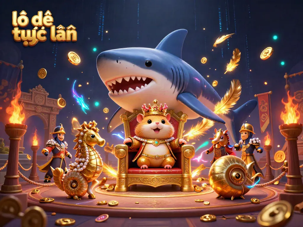 Engage in lô đề trực tuyến with an exhilarating scene showcasing a golden hamster king surrounded by pearl-armored seahorse guards.