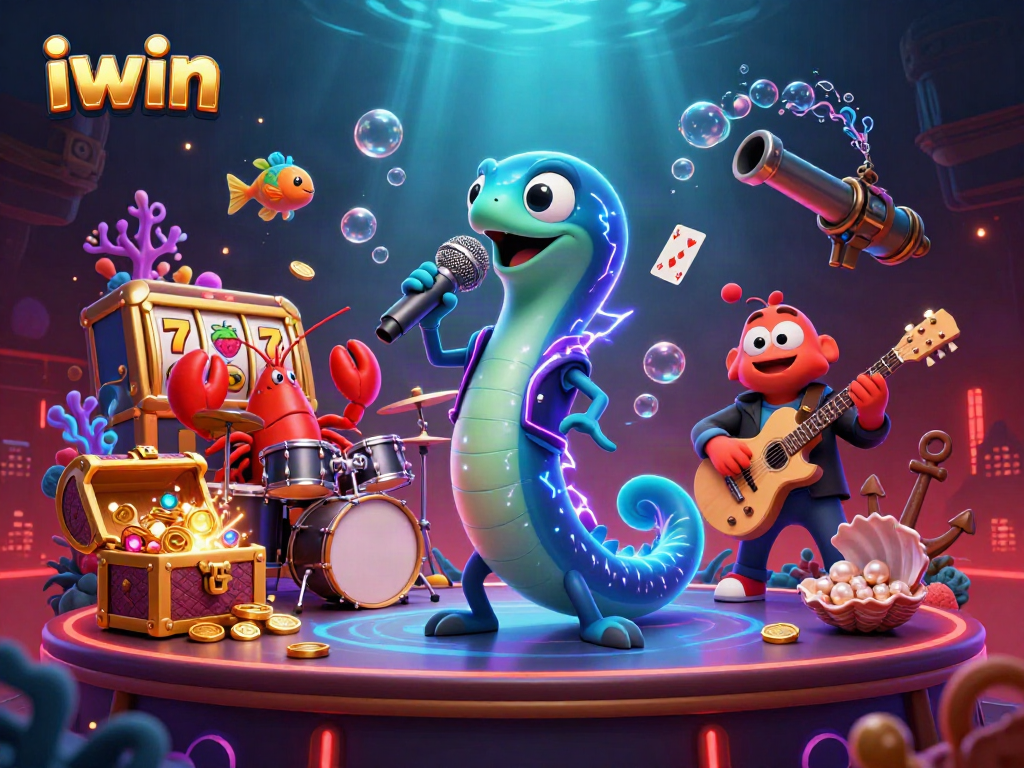 iwin casino scene with electric eel DJ and treasure elements in a vibrant underwater setting