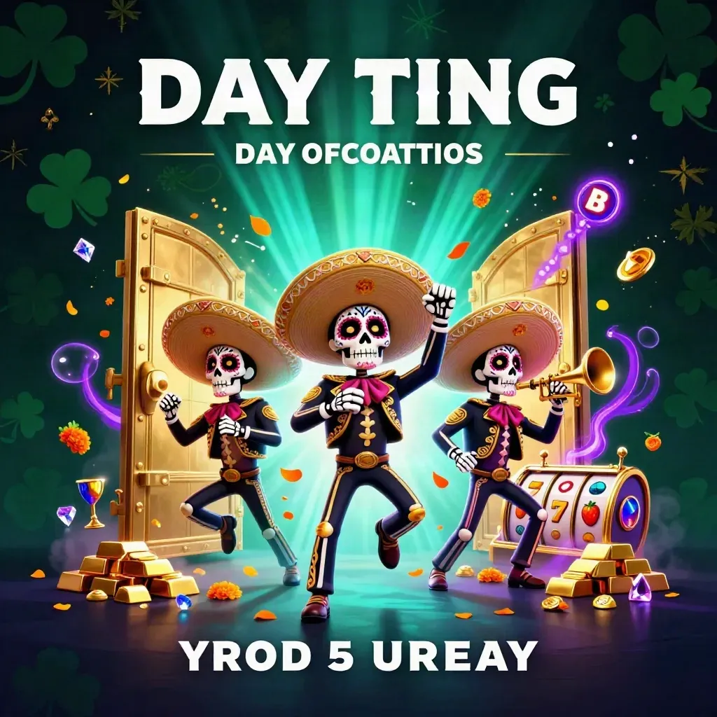 Three skeleton mariachi performers burst from a golden vault amid jewels, reels, and neon casino glow.
