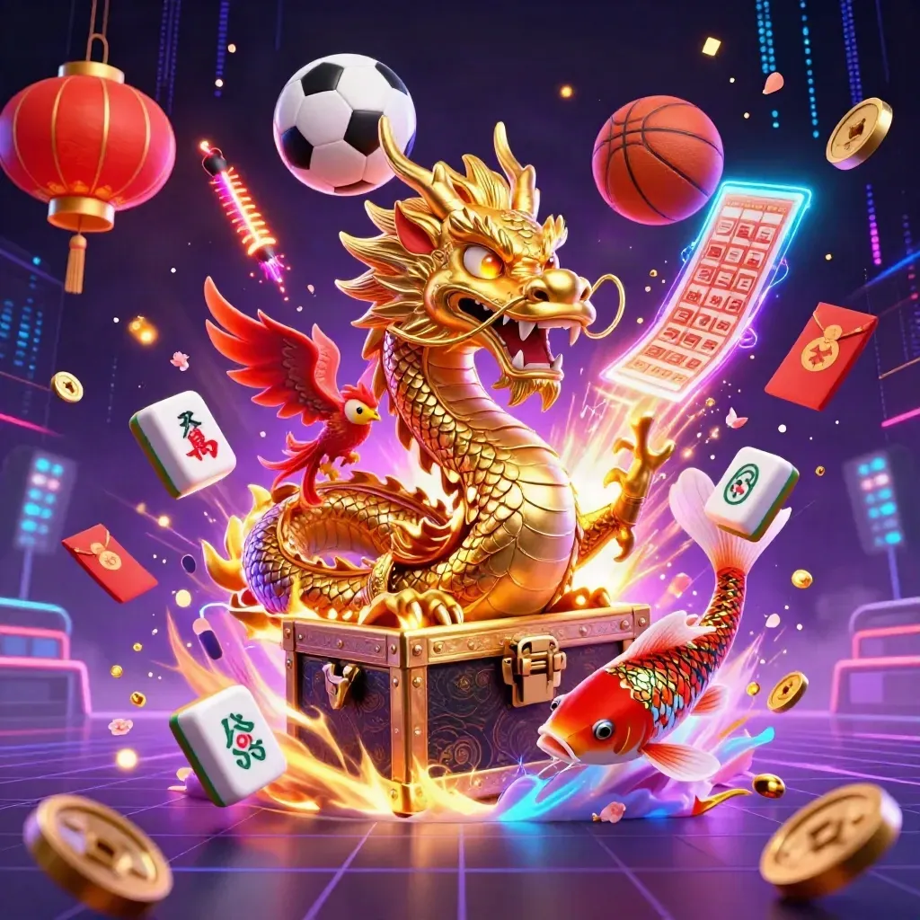 Golden dragon, phoenix, and koi amid sports balls, neon casino loot, and electric sparks.