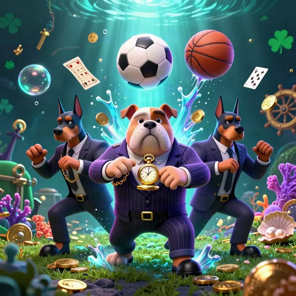 Low-angle neon casino scene: bulldog boss, Dobermans, balls, coins, coral, and glowing light.