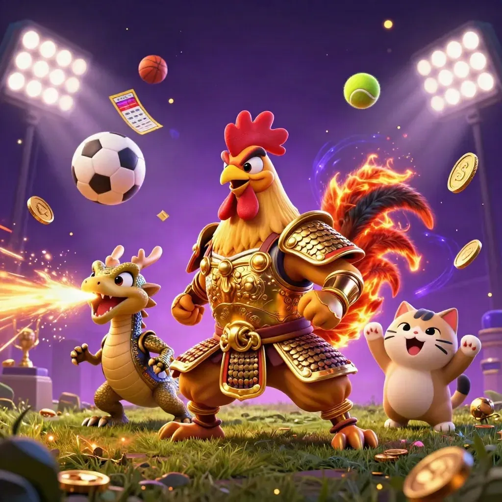 Rooster warrior, dragon hatchling, and fortune-cat amid flying sports balls and casino glow.