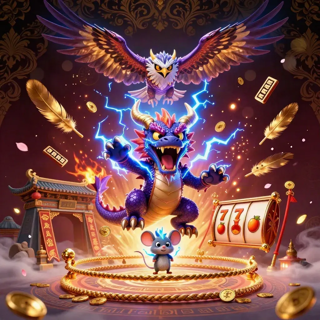 Thunder dragon, glowing hawk and tiny mouse amid gold coins, lightning, petals, and temple gates