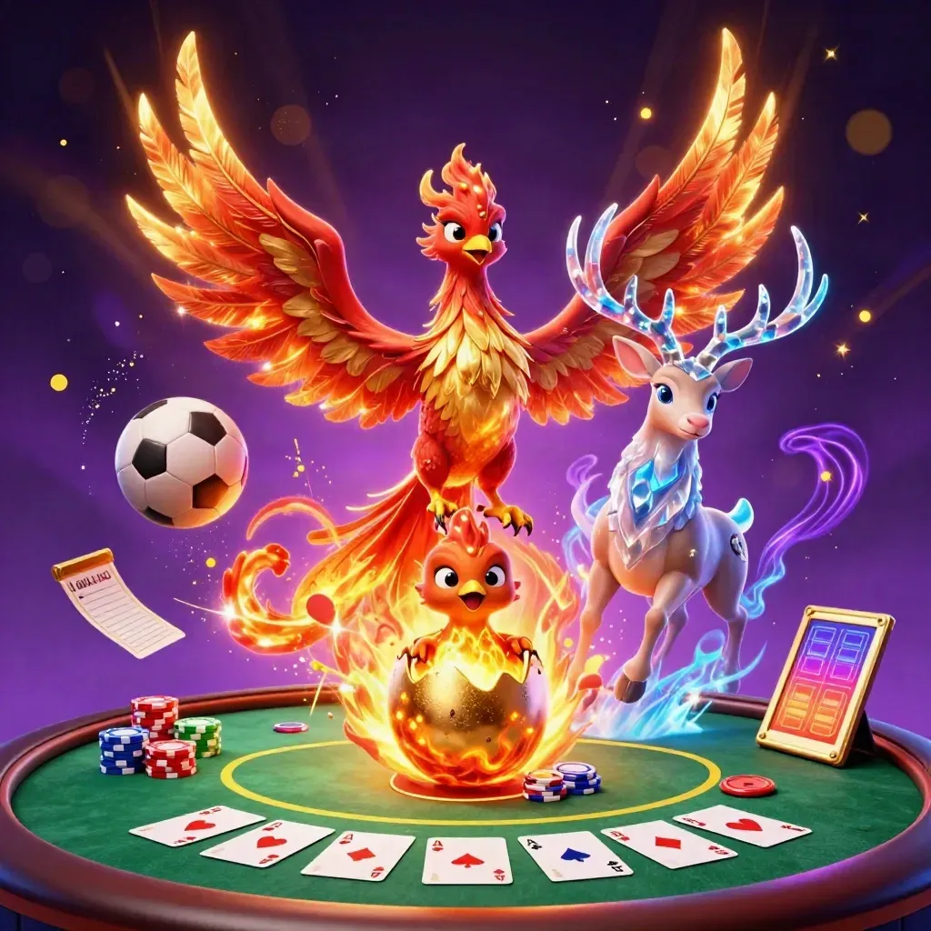 Phoenix, stag and baby phoenix burst amid poker chips, aces and neon casino lights.