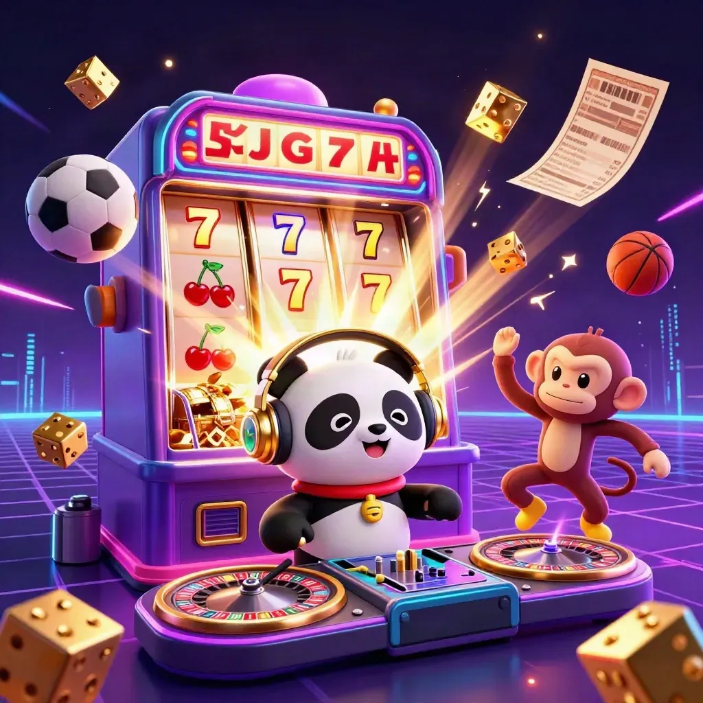 DJ panda, monkey, and kitten amid slot bursts, dice, sports balls, neon casino energy