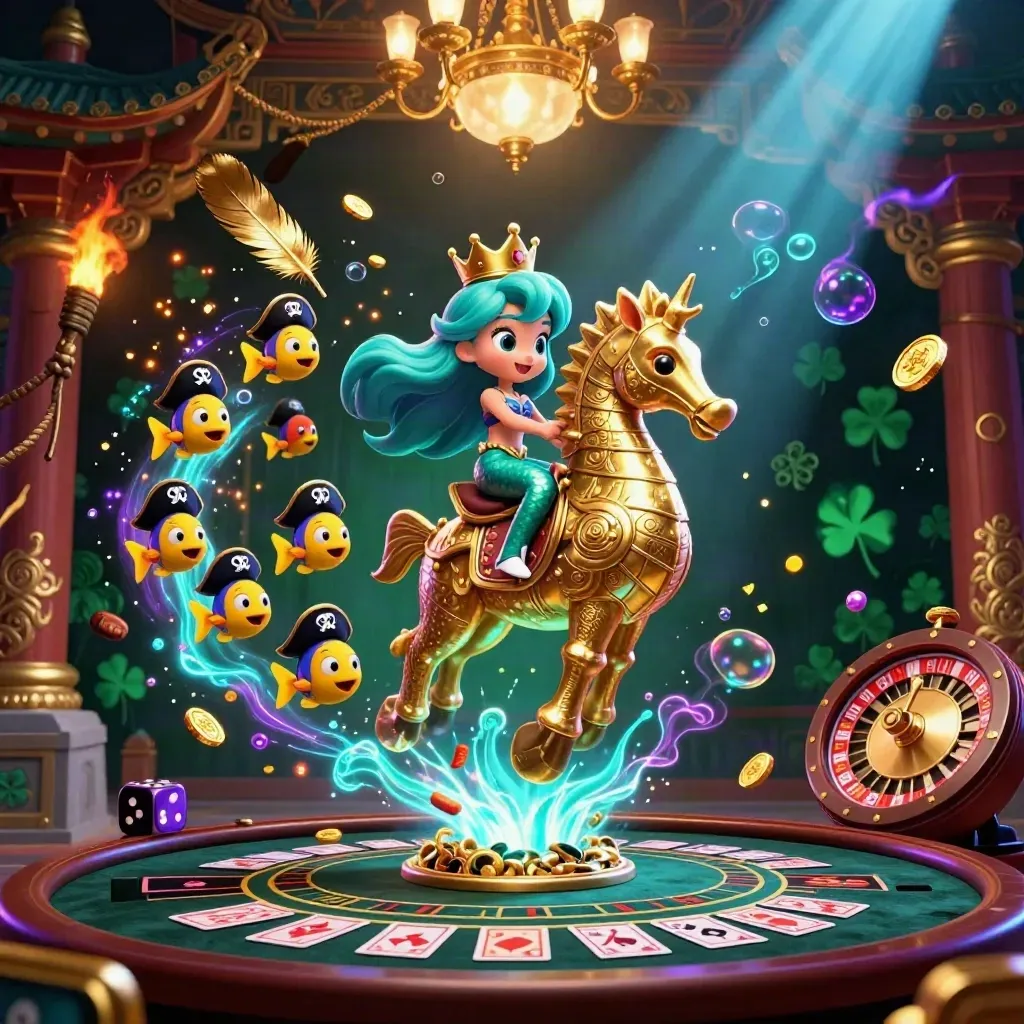Mermaid princess on a gold seahorse in a neon casino-temple under a chandelier and roulette wheel.