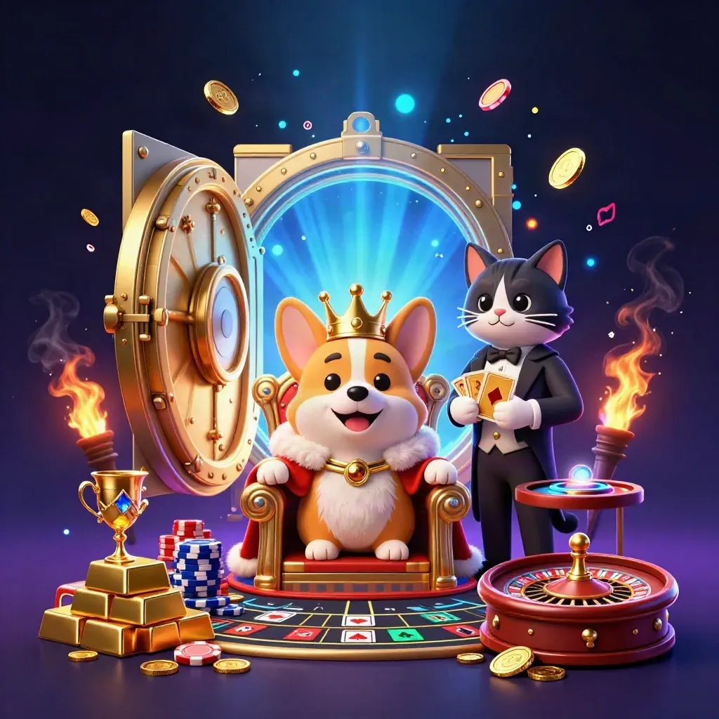 Crowned corgi and cat butler in a glowing casino vault with gold bars and neon light.