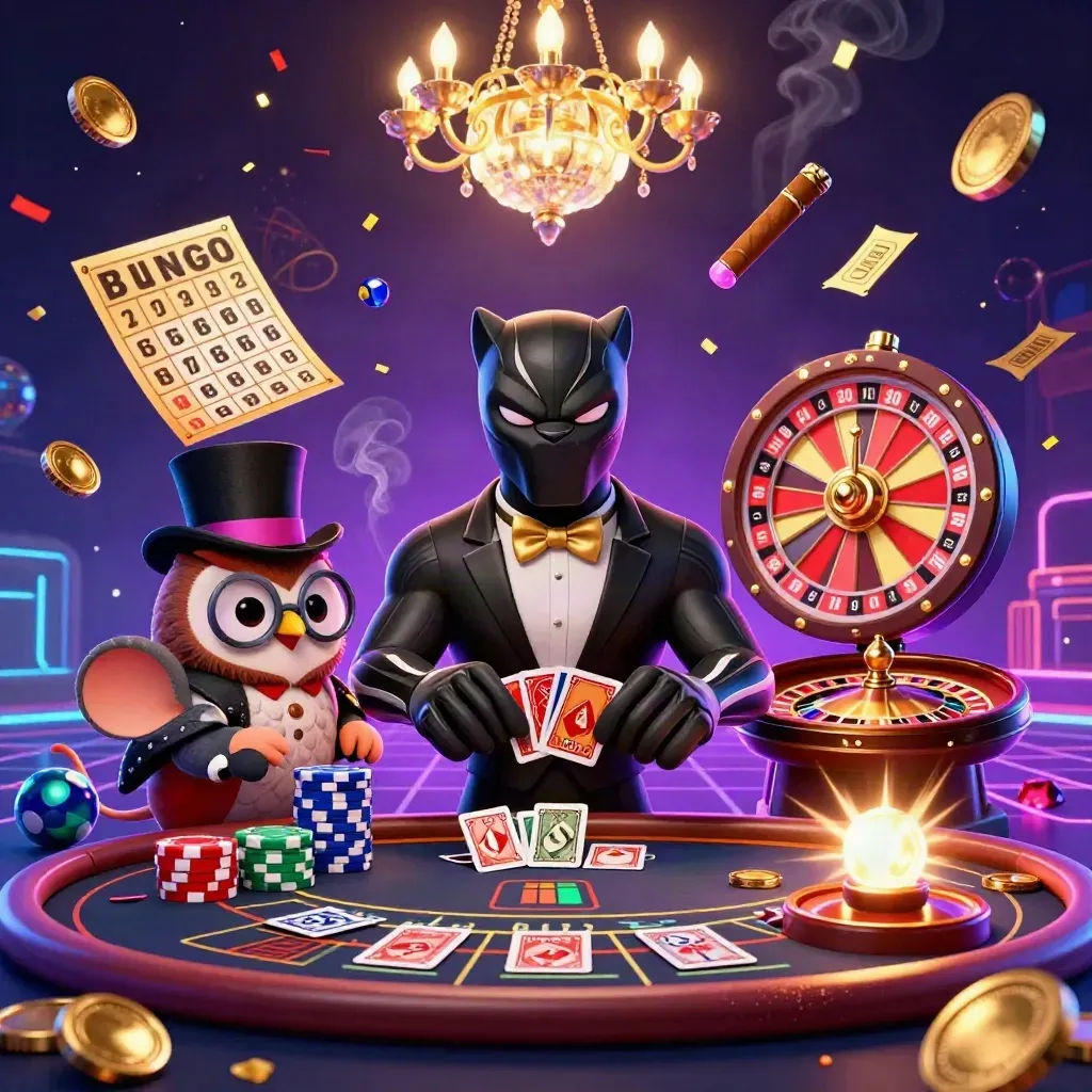 Panther, owl, and mouse in a neon casino hall with cards, chips, roulette, and confetti.