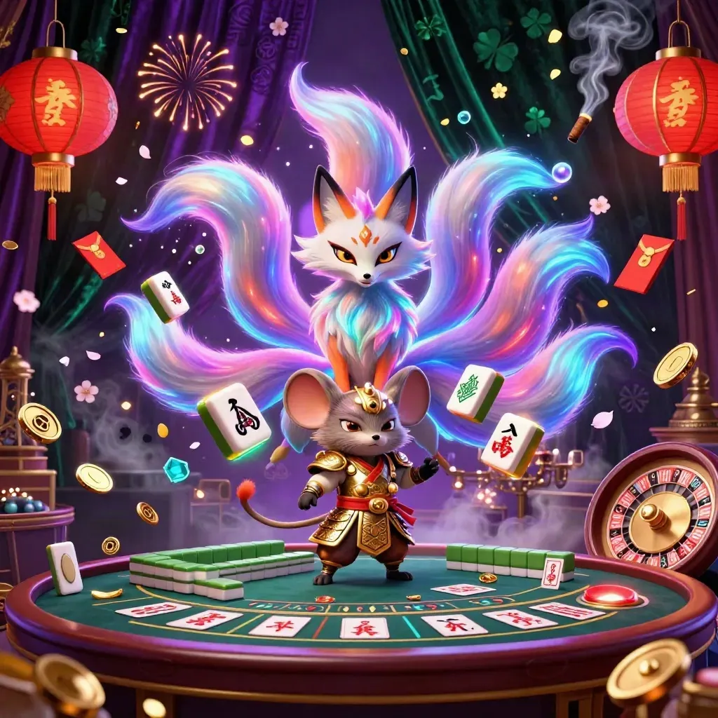 Neon fox spirit and samurai mouse in a glowing casino scene with lanterns, coins, and mystic light.