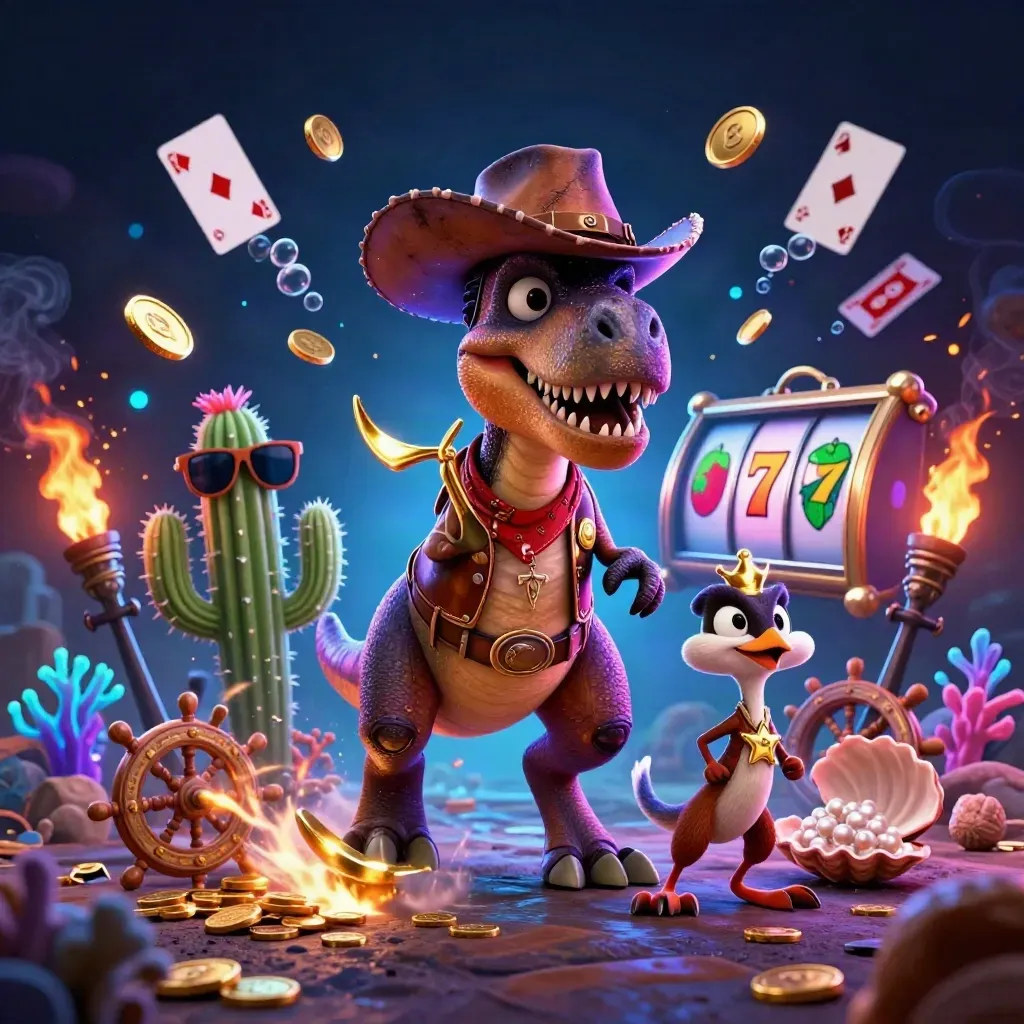 Cowboy T-Rex with cactus and roadrunner in a neon underwater treasure burst