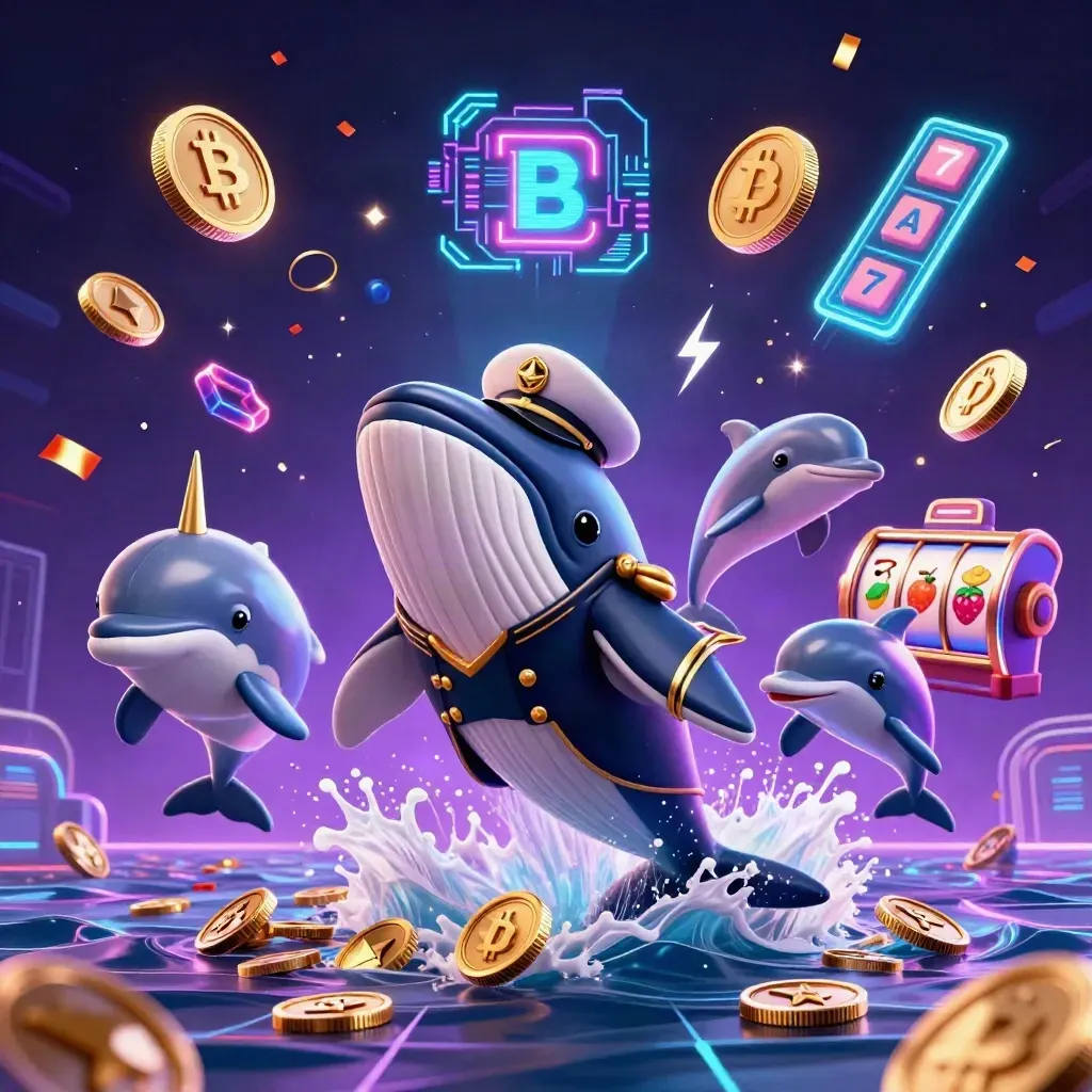 Whale captain, narwhal, and dolphins burst through neon casino coins and electric light.