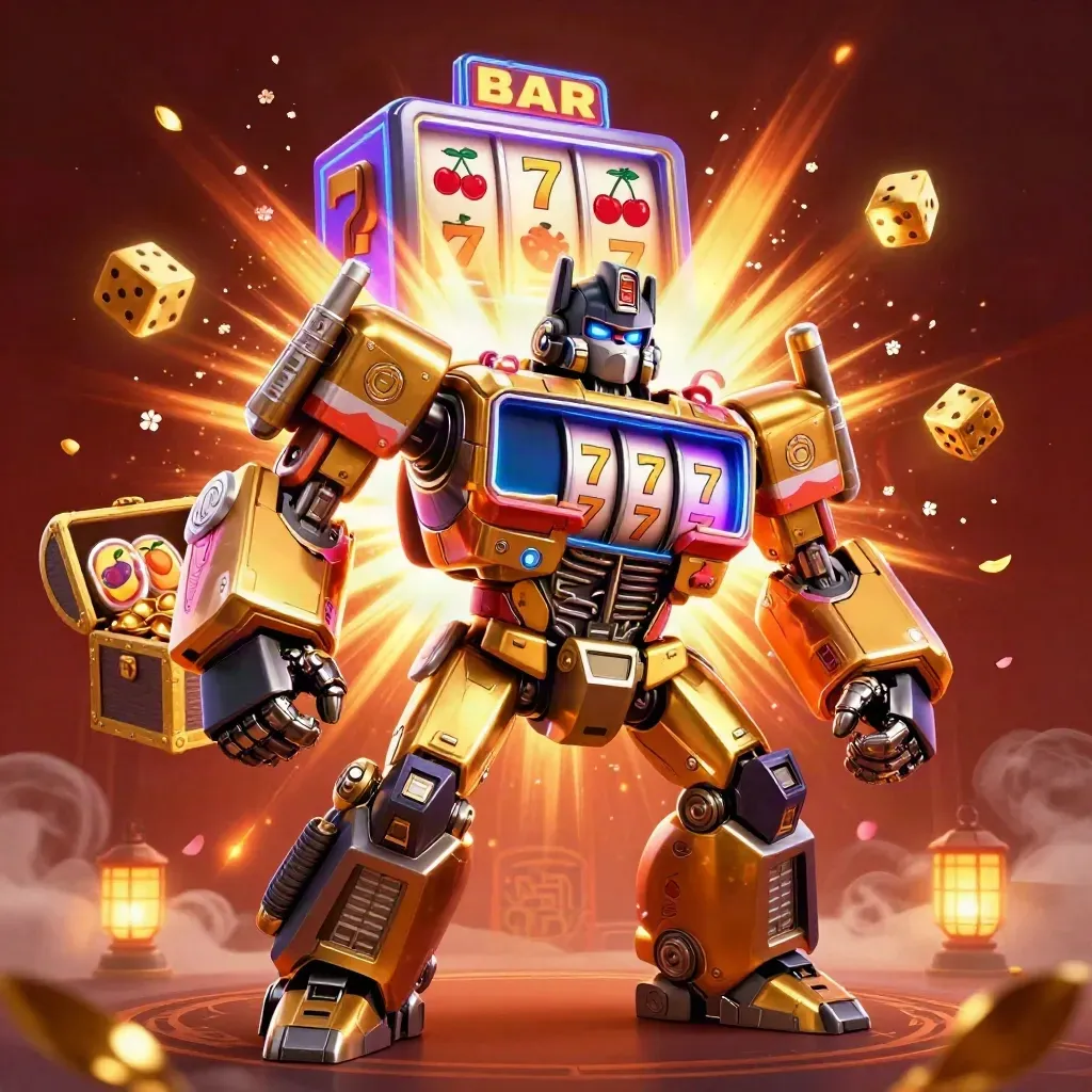 Golden gorilla mech with a monkey pilot bursts from a slot machine amid coins, gems, and neon glow.
