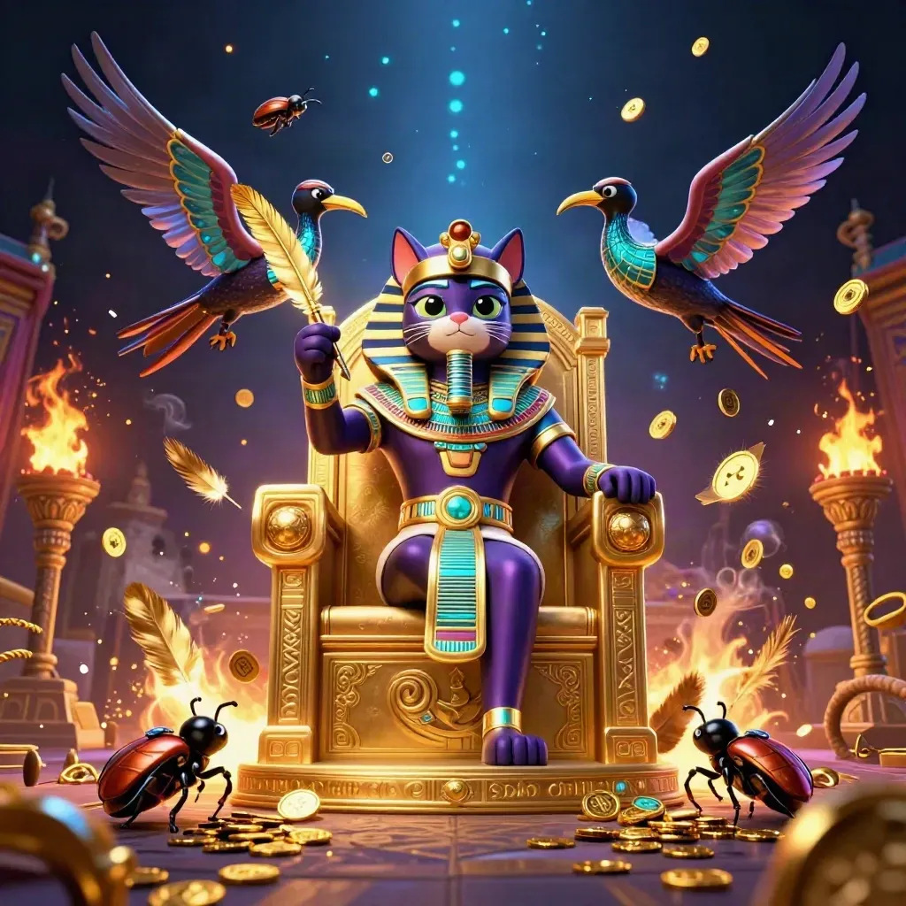 Pharaoh cat, ibis scribe, and gem-winged scarabs amid gold, torches, and temple ruins.