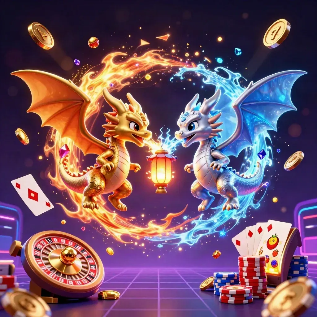 Gold and silver dragons spiral in fire and ice amid casino treasures, chips, cards, and neon glow.