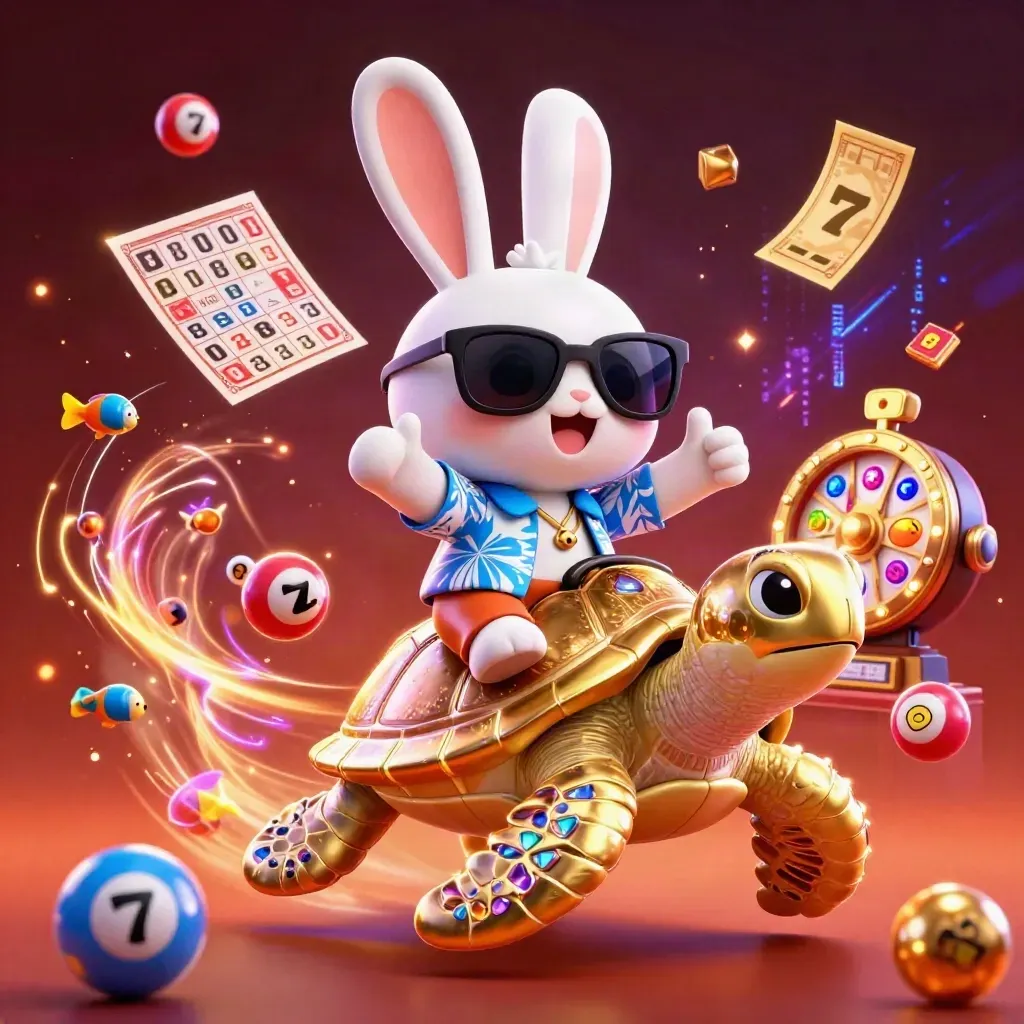 Lucky rabbit rides a golden sea turtle amid casino gems, wheels, and tropical fish