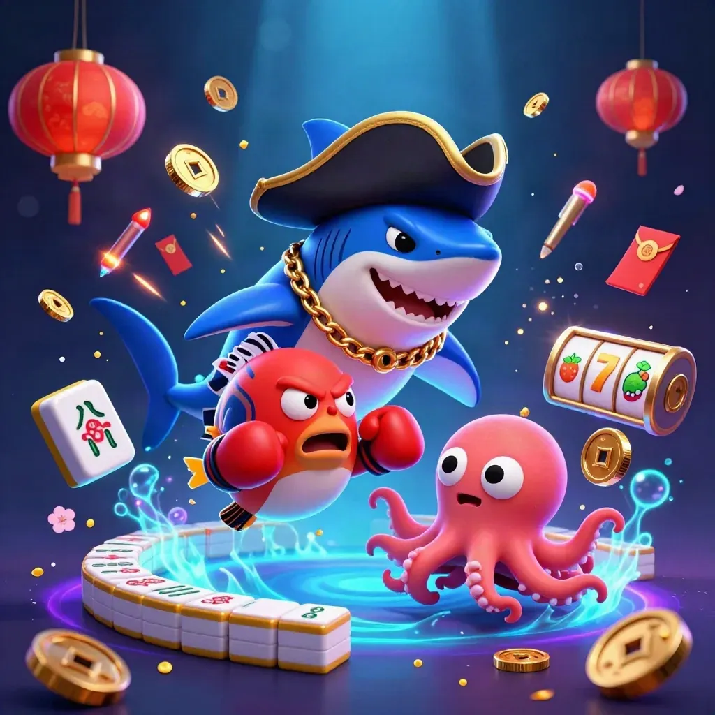 Pirate shark, boxing pufferfish, and juggling octopus amid gold coins, lanterns, and fireworks.