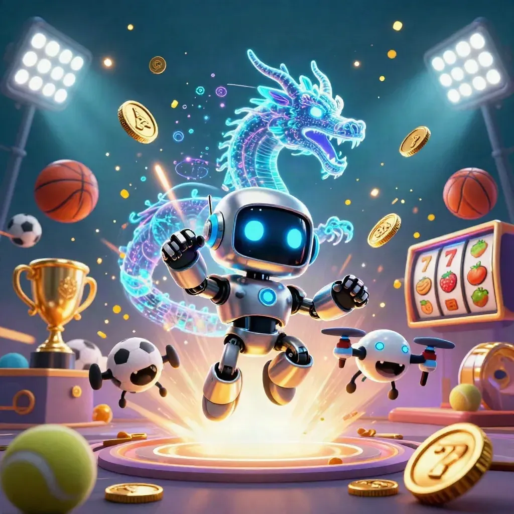 Robot, dragon and coin drone amid vault burst, sports balls, coins and neon casino effects