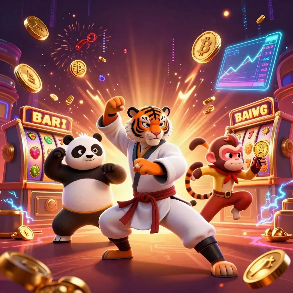 Kung-fu tiger, panda, and monkey amid bursting gold coins, fireworks, slot symbols, and neon casino effects.