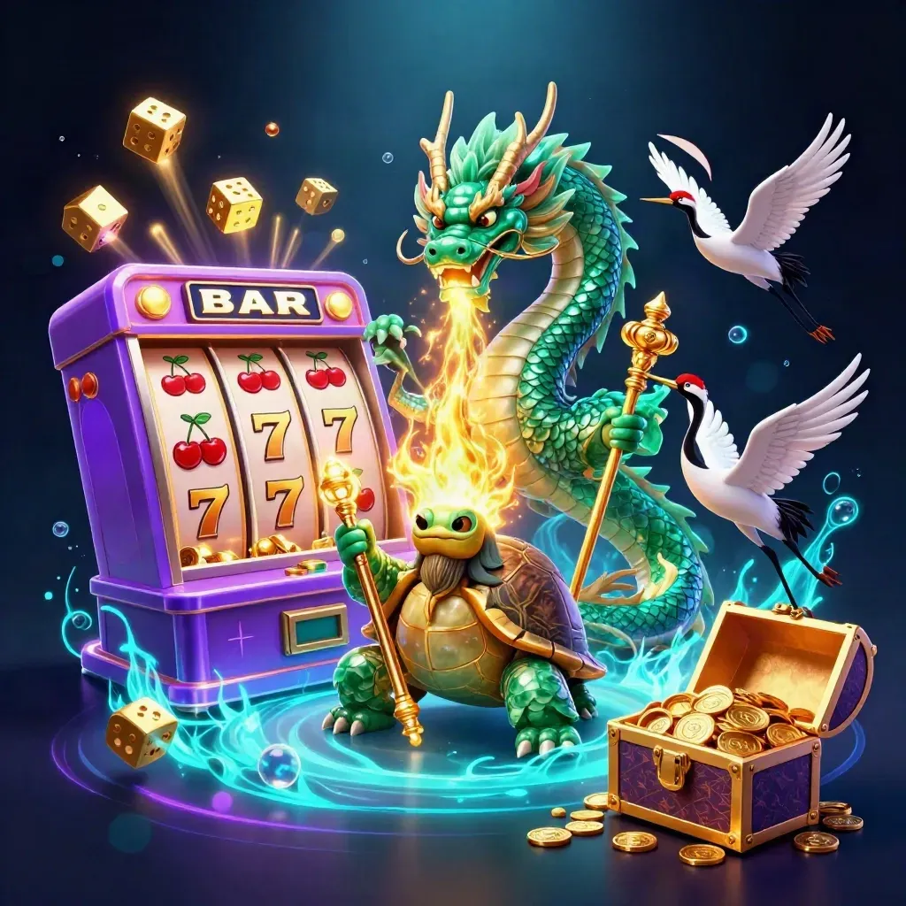 Jade dragon, turtle sage, and cranes amid bursting slots, coins, treasure, and neon fire