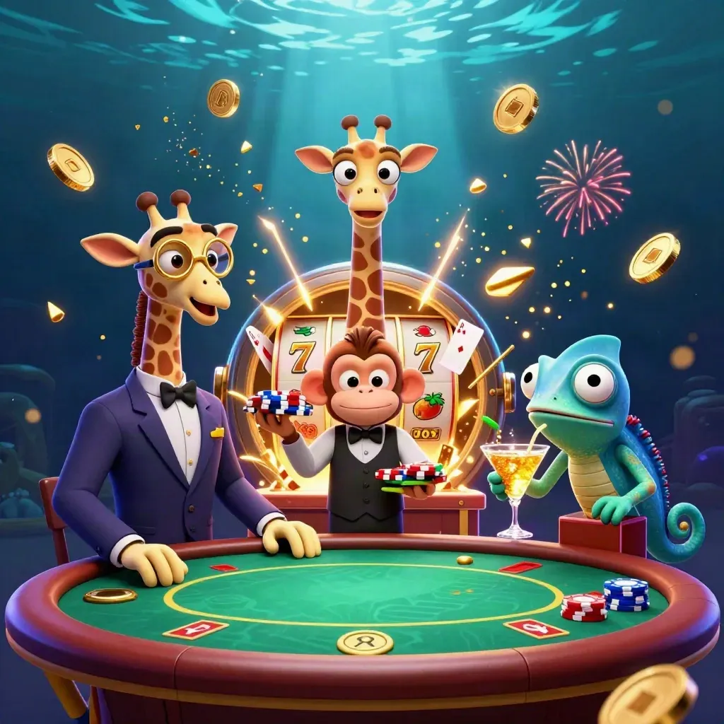 Giraffe, monkey, and chameleon celebrate amid gold coins, chips, reels, and casino fireworks.