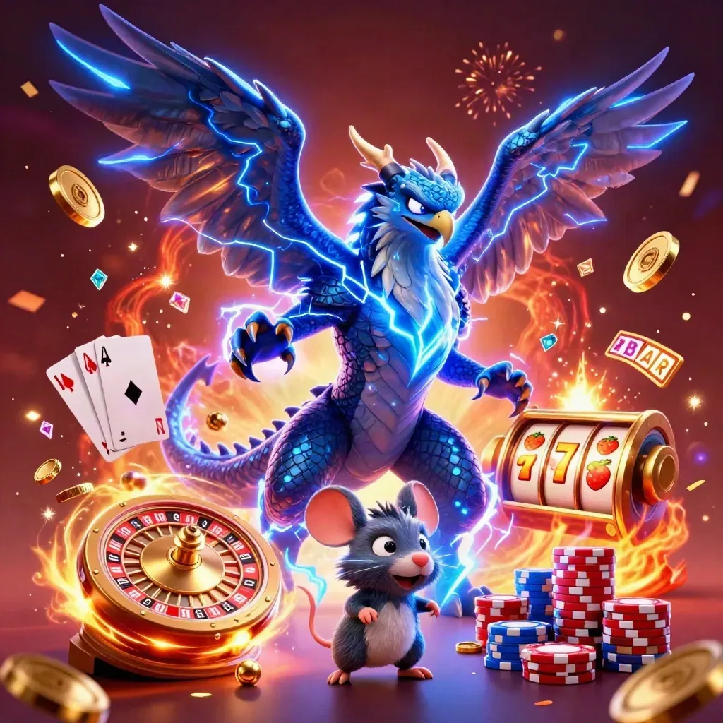Thunder dragon, wind hawk, and static mouse amid coins, cards, chips, fireworks, and neon casino glow.