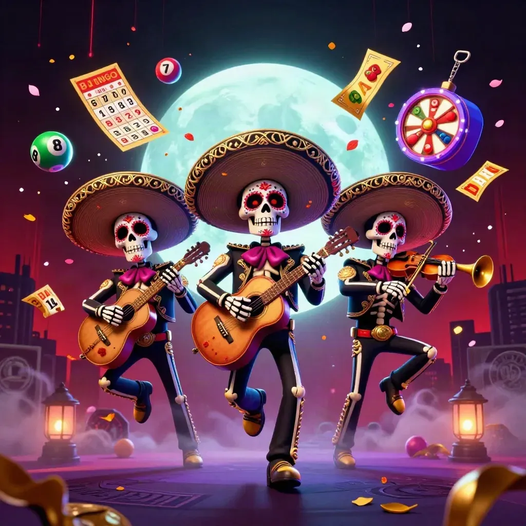 Skeleton mariachi trio amid casino props, petals, fog, skyline glow, and neon slot-game energy.
