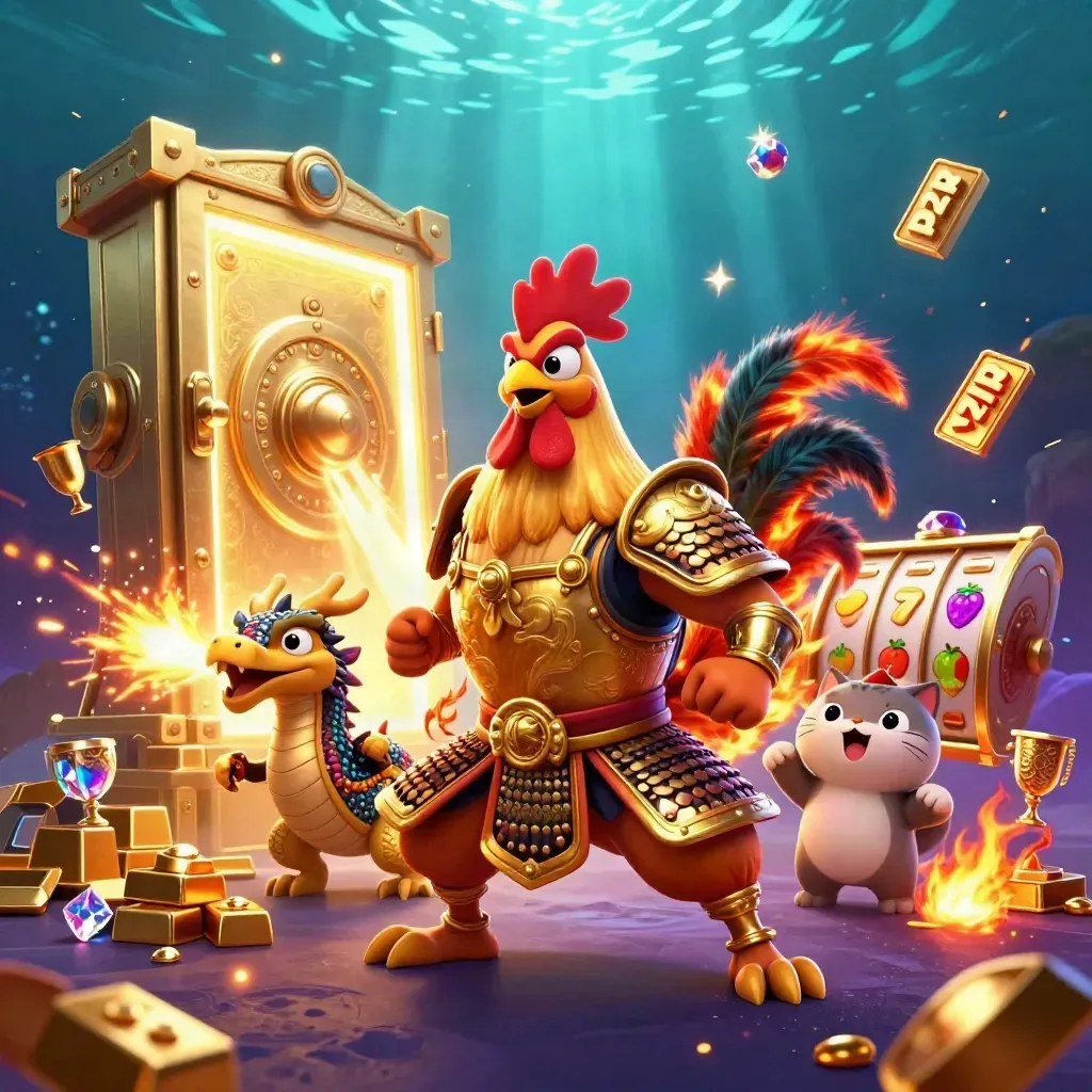 Rooster samurai, dragon hatchling, and fortune-cat amid vault gold and neon casino effects