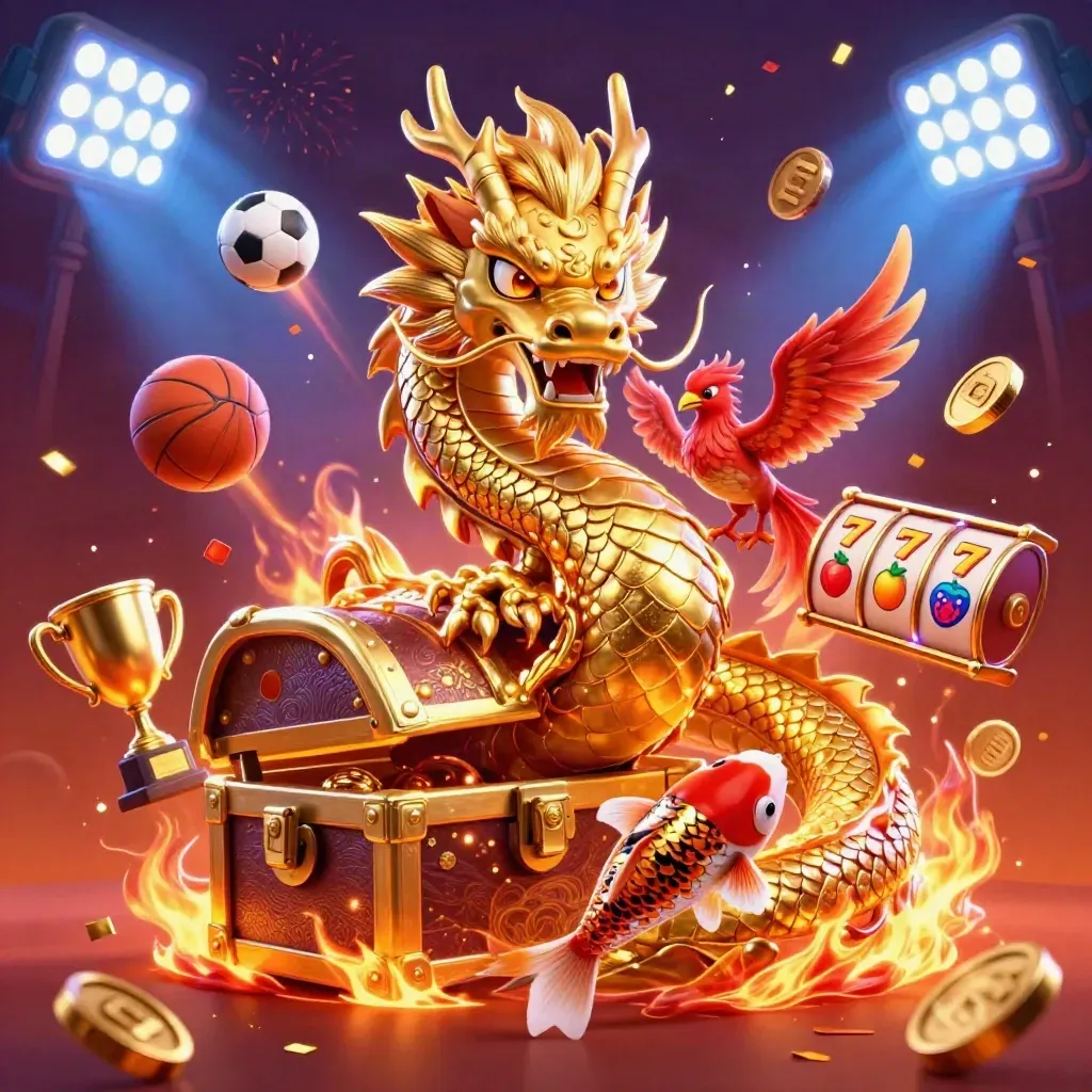 Golden dragon with phoenix and koi amid coins, sports balls, slot icons, and fireworks in a fiery casino glow
