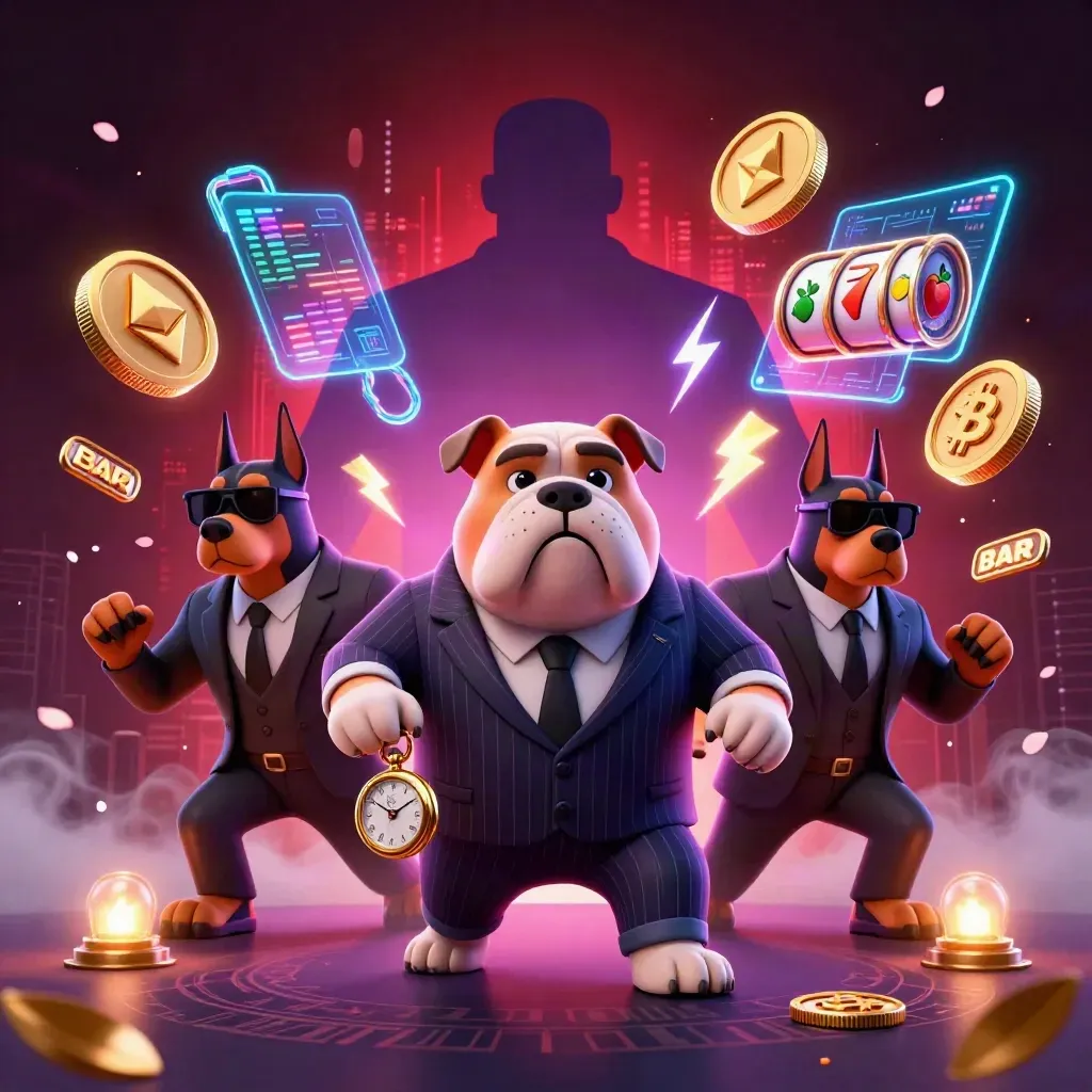 Bulldog mob boss and two Dobermans amid neon coins, reels, and red city glow