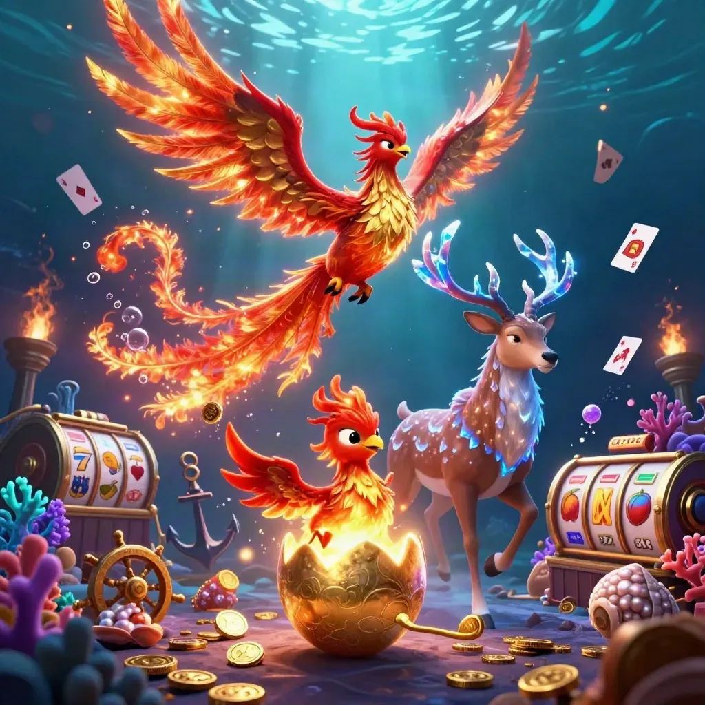 Phoenix, baby phoenix, and crystal stag amid treasure, slots, and underwater casino glow