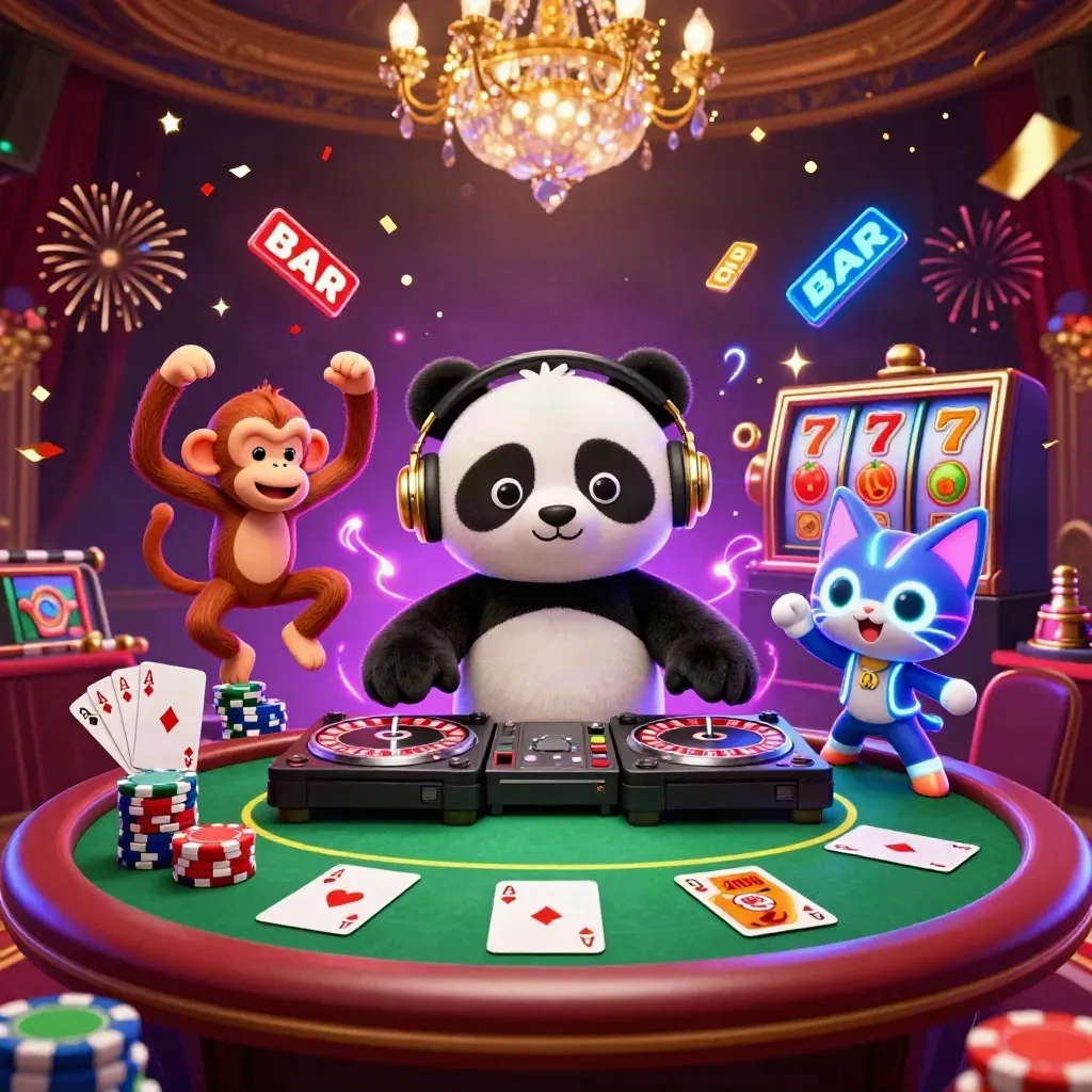DJ panda, breakdancing monkey, and rave kitten amid casino chips, cards, and neon slot energy.