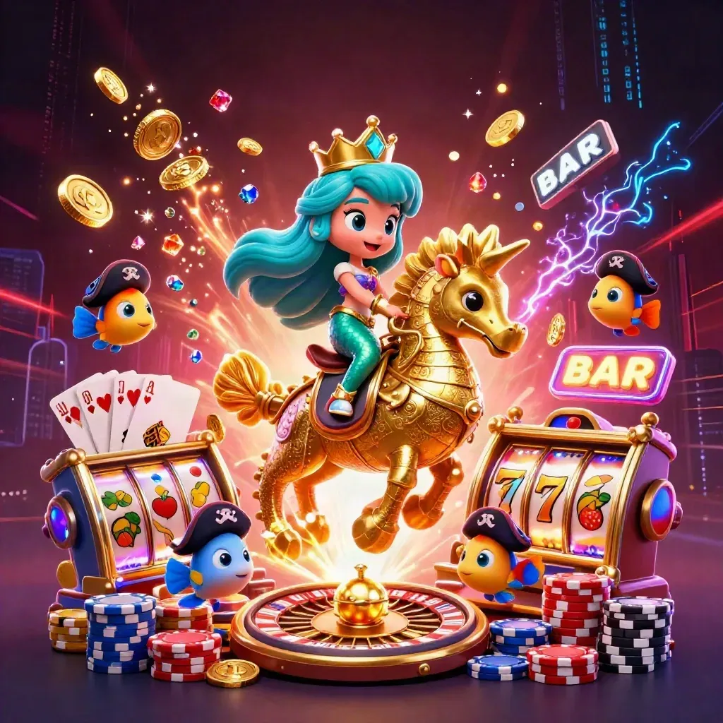 Mermaid princess on armored seahorse with coins, chips, roulette, cards, and neon casino effects