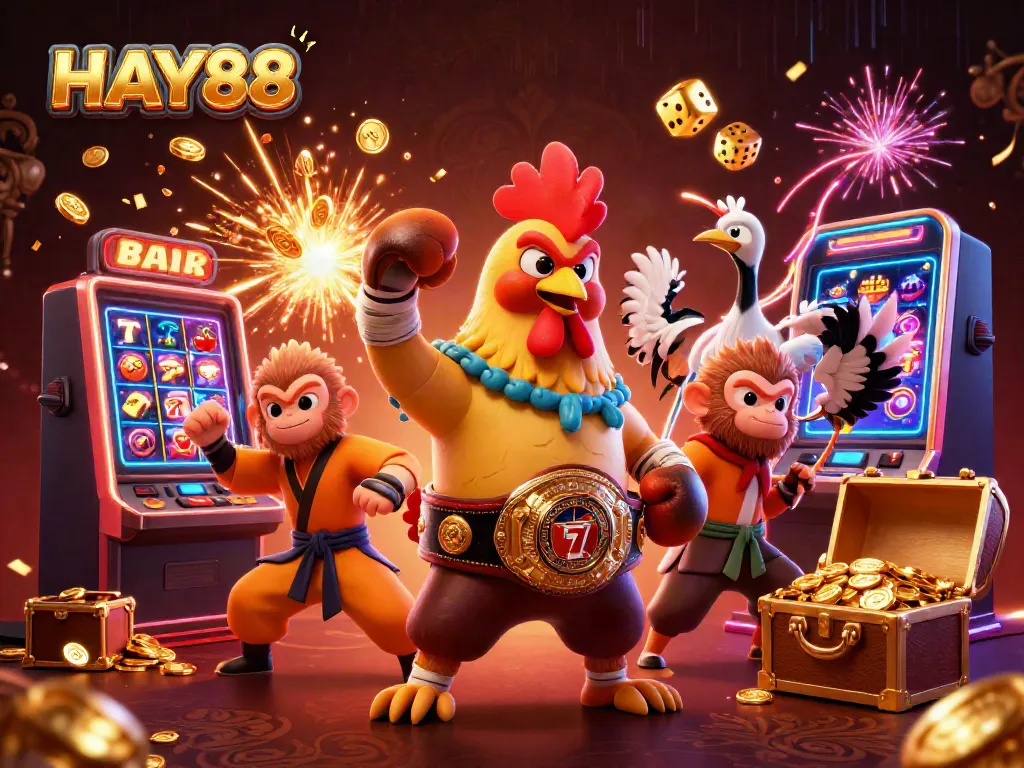 Experience the excitement of HAY88 with a dynamic 3D illustration featuring casino elements and martial artists.