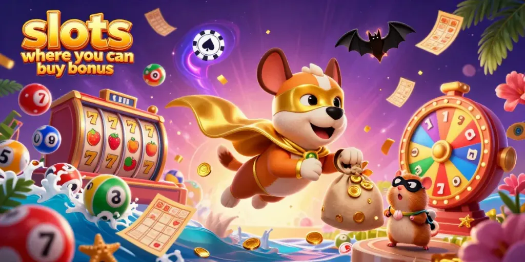 Experience the thrill of slots where you can buy bonus with our vibrant, dynamic illustration featuring a superhero dog and hamster among colorful game elements.