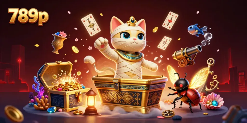 Experience the thrilling gameplay at 789p with an Egyptian mummy cat and scarab beetle amidst an exciting casino scene.