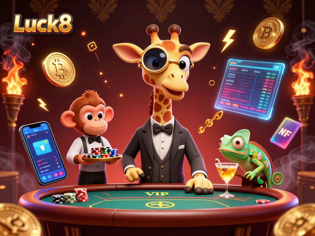 Luck8 players enjoying a thrilling game night with a high-roller giraffe and vibrant casino elements.