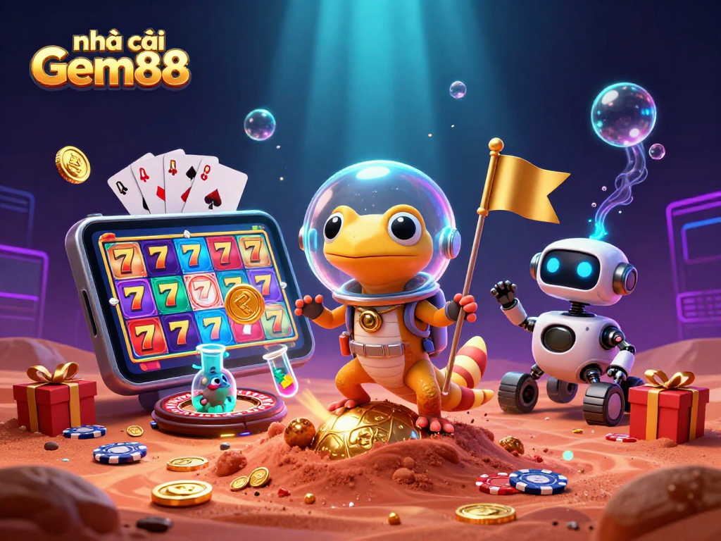 nhà cái Gem88 showcases an alien casino adventure featuring slots, poker chips, and vibrant gameplay.