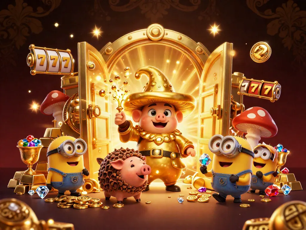 Experience thrilling PG สล็อต gameplay with enchanting golden characters in a dynamic casino scene.