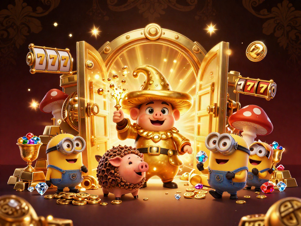 Experience thrilling PG สล็อต gameplay with enchanting golden characters in a dynamic casino scene.