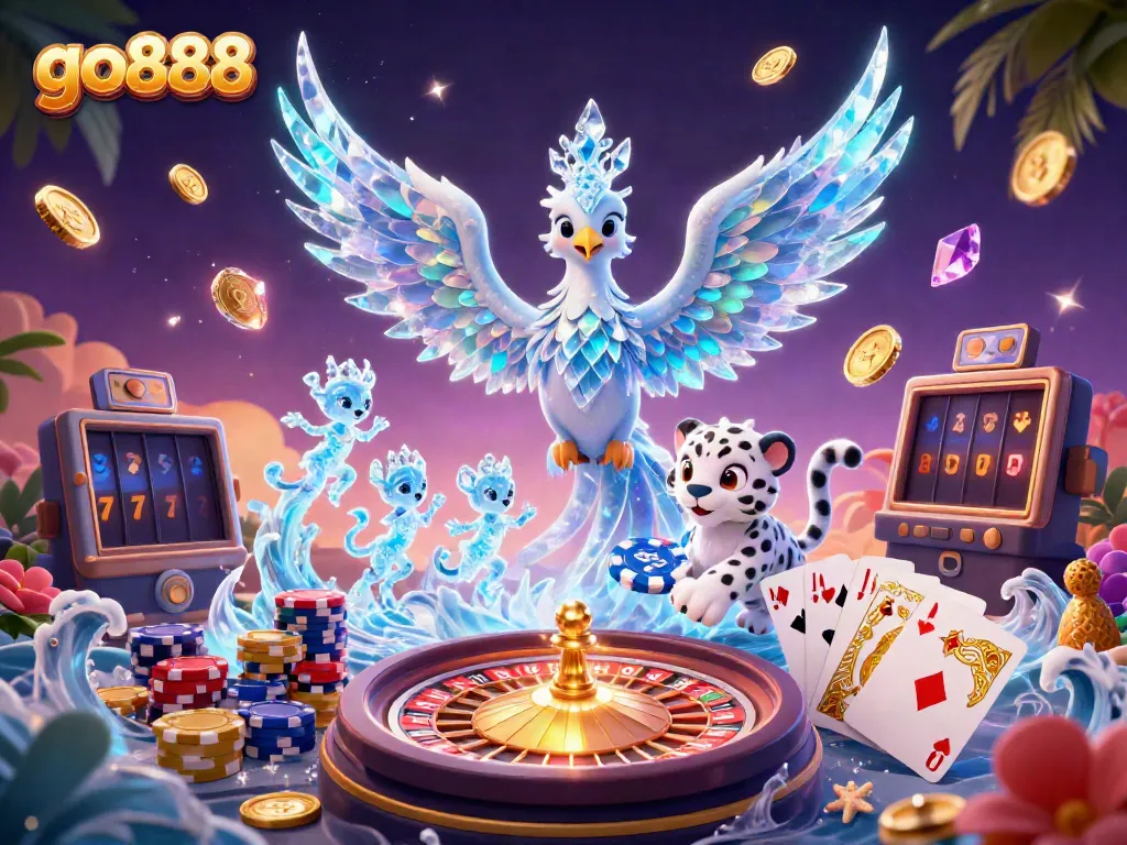 Play dynamic casino games like go888 with an enchanting ice phoenix and magical elements in 3D.