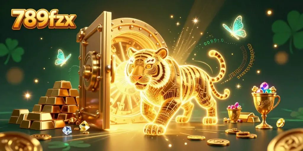 Experience the excitement of 789fzx with a neon golden tiger amidst a dazzling digital casino.