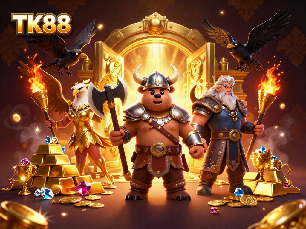 Experience excitement at TK88 with a Viking bear and Valkyrie surrounded by treasures and gaming elements.