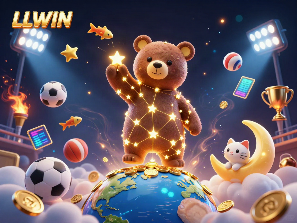 LLWIN promotes casino excitement with a 3D constellation bear, sports-themed elements, and golden coins.