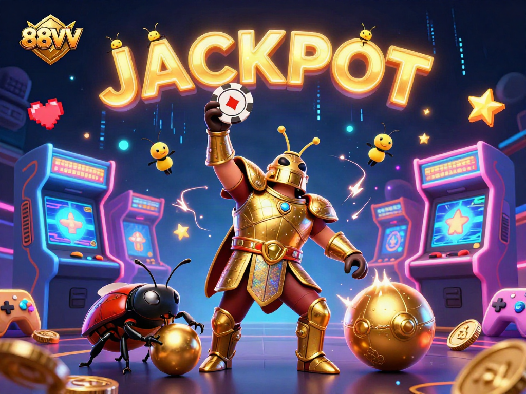 88VV features a cartoon beetle winning with poker chips in a vibrant, engaging casino-themed scene.