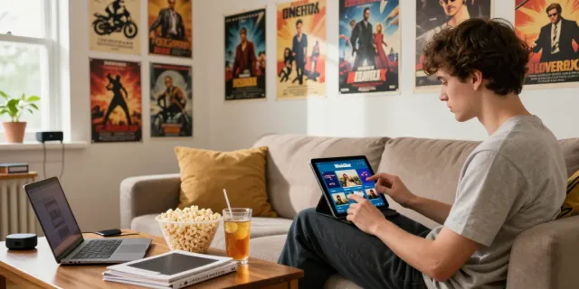Engaging user enjoying moviebox old app download surrounded by classic movie decor.