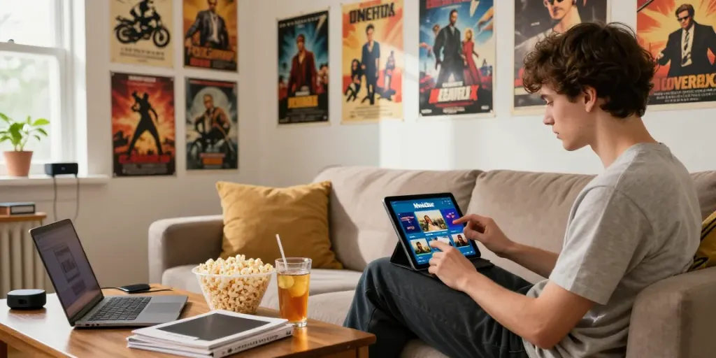 Engaging user enjoying moviebox old app download surrounded by classic movie decor.